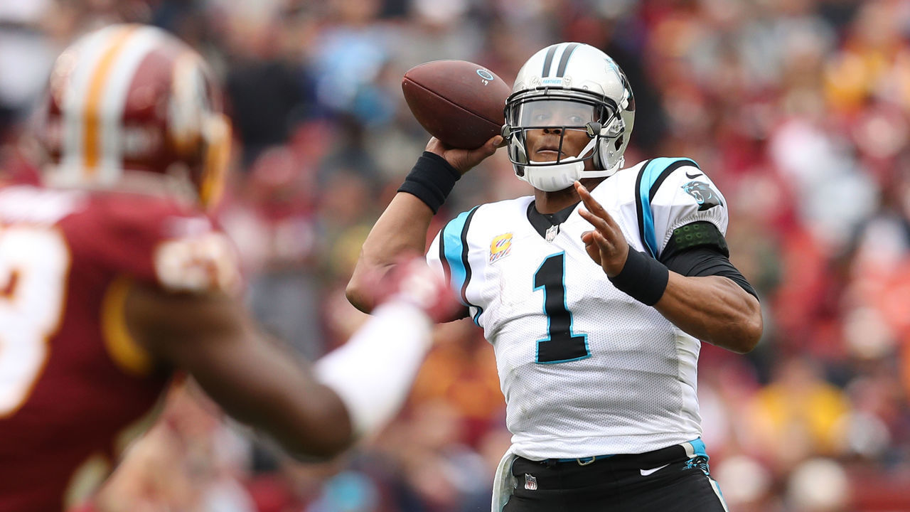 LANDOVER, MD - OCTOBER 14: Quarterback Cam Newton #1 of the Carolina Panthers throws the ball in the third quarter against the Washington Redskins at FedExField on October 14, 2018 in Landover, Maryland.