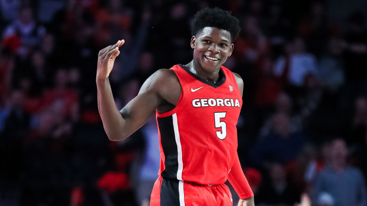 ATHENS, GA - FEBRUARY 19: Anthony Edwards #5 of the Georgia Bulldogs gestures during a game against the Auburn Tigers at Stegeman Coliseum on February 19, 2020 in Athens, Georgia.