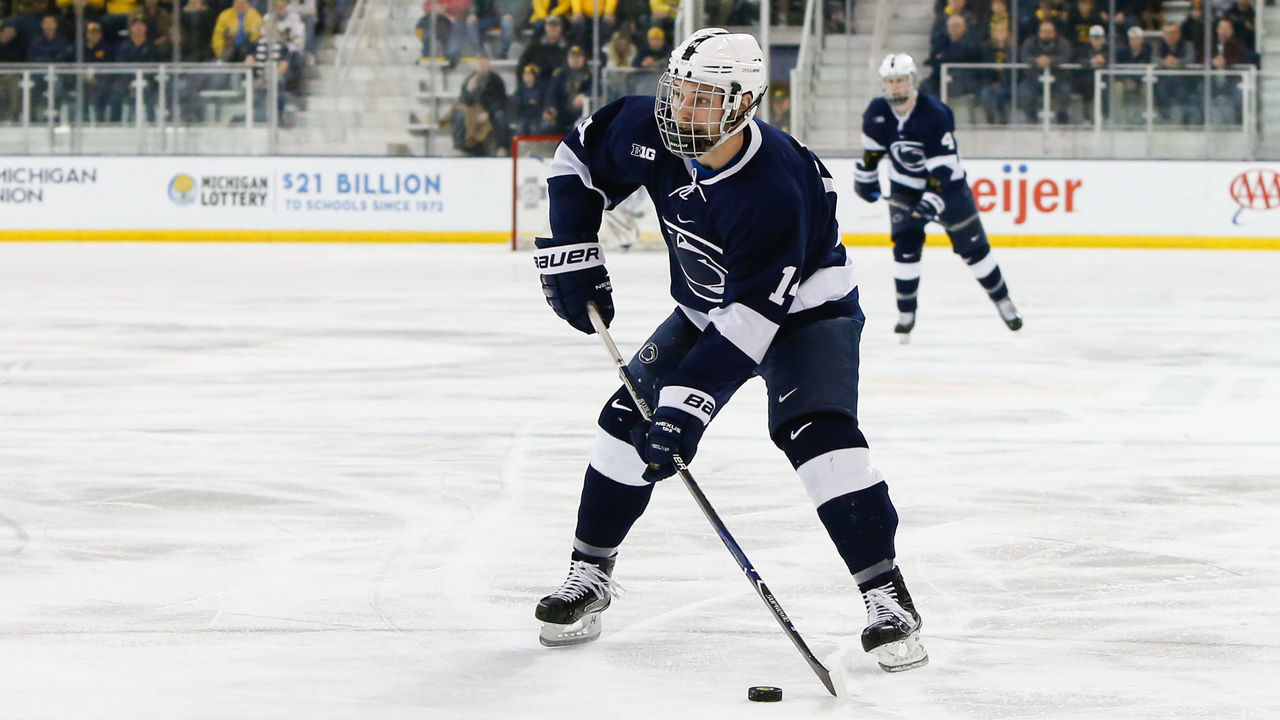 ANN ARBOR, MI - JANUARY 19: Penn State Nittany Lions forward Nate Sucese (14) skates with the puck during a regular season Big 10 Conference hockey game between the Penn State Nittany Lions and Michigan Wolverines on January 19, 2018 at Yost Ice Arena in Ann Arbor, Michigan.