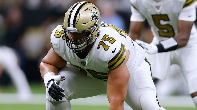 NEW ORLEANS, LOUISIANA - SEPTEMBER 29: Andrus Peat #75 of the New Orleans Saints in action during a game against the Dallas Cowboys at the Mercedes Benz Superdome on September 29, 2019 in New Orleans, Louisiana.
