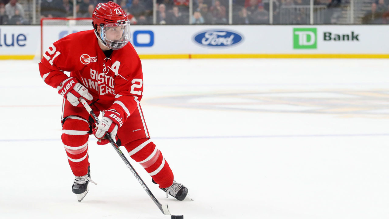 BOSTON, MASSACHUSETTS - FEBRUARY 10: Patrick Harper #21 of the Boston University Terriers skates during the third period of the 2020 Beanpot Tournament Championship game between the Northeastern Huskies and the Boston University Terriers at TD Garden on February 10, 2020 in Boston, Massachusetts.