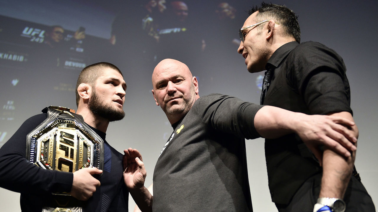 LAS VEGAS, NEVADA - MARCH 06: (L-R) Opponents Khabib Nurmagomedov and Tony Ferguson face off during the UFC 249 press conference at T-Mobile Arena on March 06, 2020 in Las Vegas, Nevada.