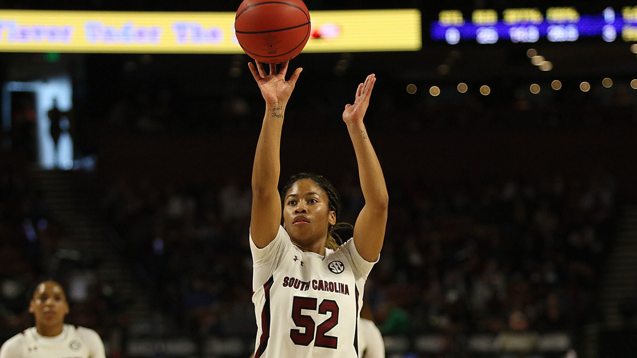 GREENVILLE, SC - MARCH 08: Tyasha Harris (52) of South Carolina during the SEC Championship Women's college basketball game between the Mississippi State Bulldogs and the South Carolina Gamecocks on March 8, 2020, at Bon Secours Wellness Arena in Greenville, S.C.