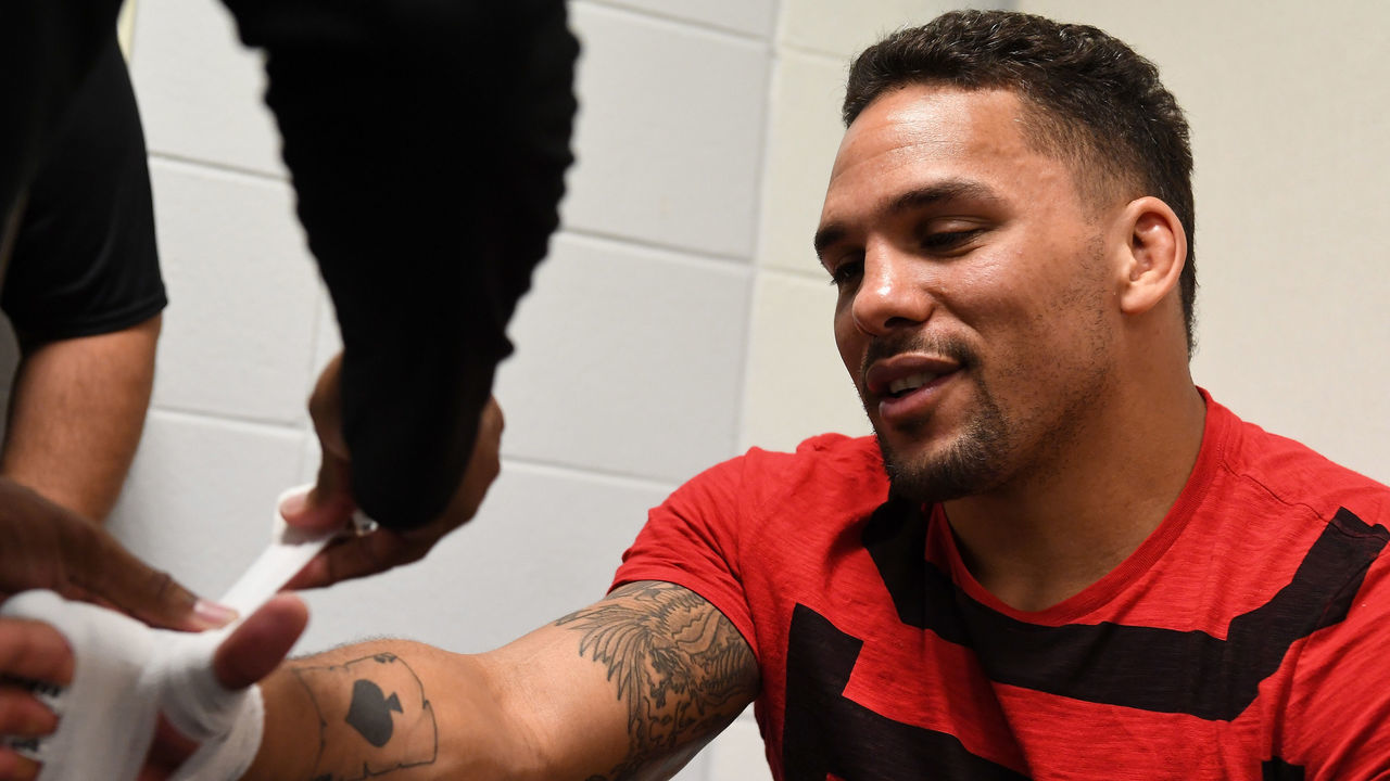 MINNEAPOLIS, MN - JUNE 29: Eryk Anders gets his hands wrapped backstage during the UFC Fight Night event at the Target Center on June 29, 2019 in Minneapolis, Minnesota.