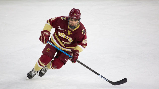LOWELL, MA - JANUARY 17: Alex Newhook #18 of the Boston College Eagles skates against the Massachusetts Lowell River Hawks during NCAA men's hockey at the Tsongas Center on January 17, 2020 in Lowell, Massachusetts. The Eagles won 3-2 after trailing 2-0 in the first period.