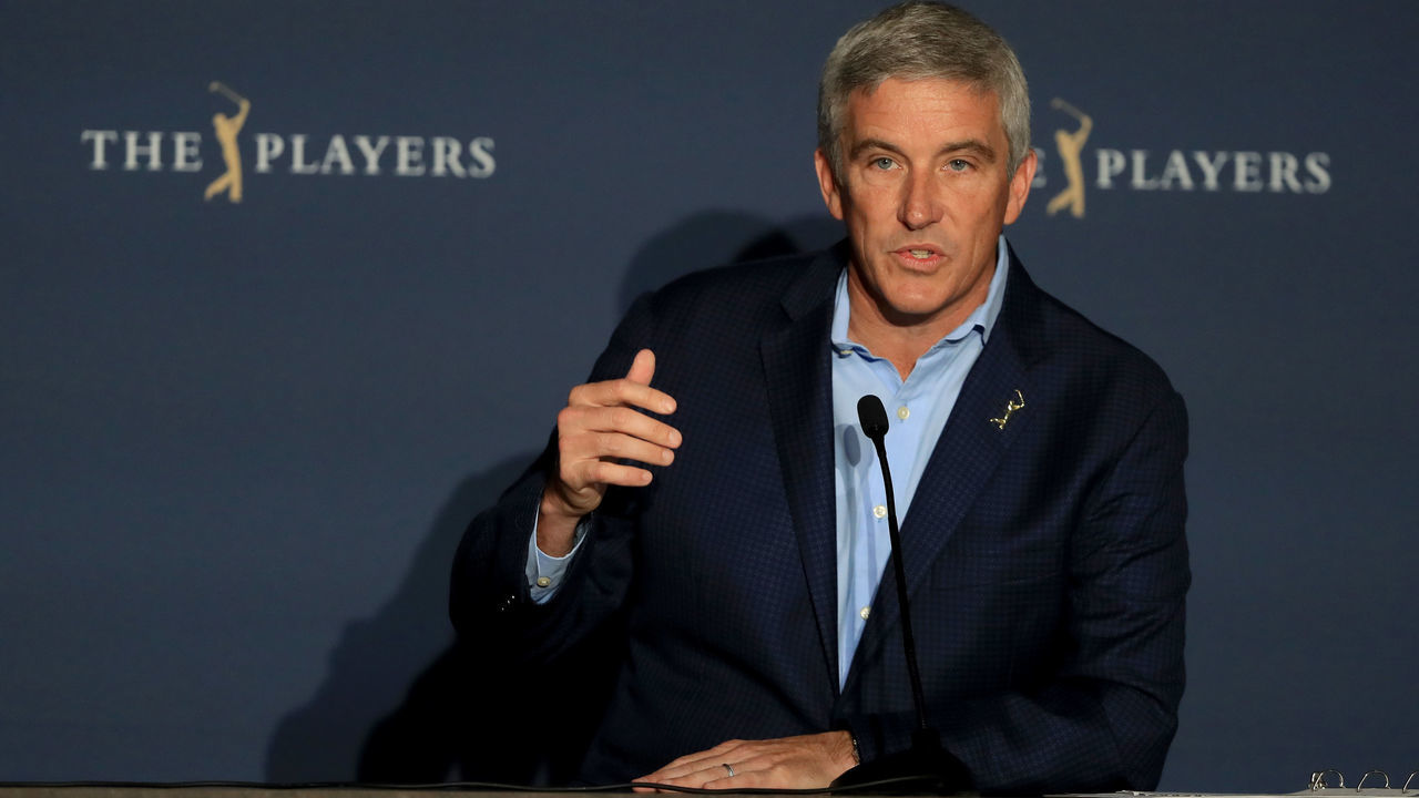 PONTE VEDRA BEACH, FLORIDA - MARCH 13: Jay Monahan, PGA Tour Commissioner, addresses the media regarding the cancellation of The PLAYERS Championship and consecutive events through April 5, 2020 due to the COVID-19 pandemic as seen at the TPC Stadium course on March 13, 2020 in Ponte Vedra Beach, Florida.