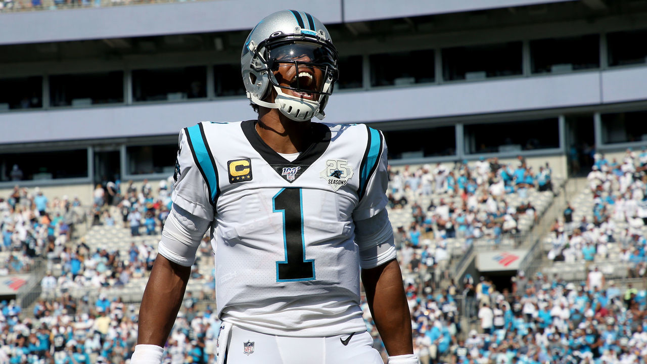 CHARLOTTE, NORTH CAROLINA - SEPTEMBER 08: Cam Newton #1 of the Carolina Panthers reacts after a Panthers touchdown during their game against the Los Angeles Rams at Bank of America Stadium on September 08, 2019 in Charlotte, North Carolina.