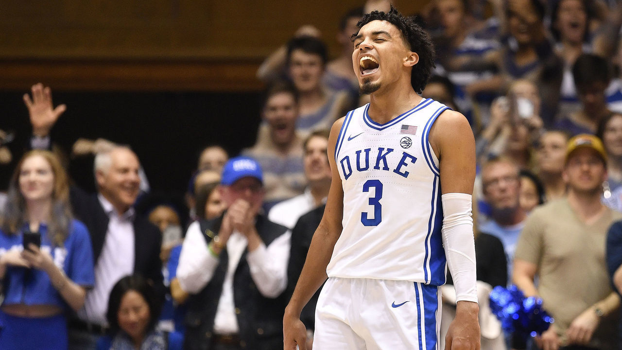 DURHAM, NORTH CAROLINA - MARCH 07: Tre Jones #3 of the Duke Blue Devils reacts during the second half of their game against the North Carolina Tar Heels at Cameron Indoor Stadium on March 07, 2020 in Durham, North Carolina. Duke won 89-76.