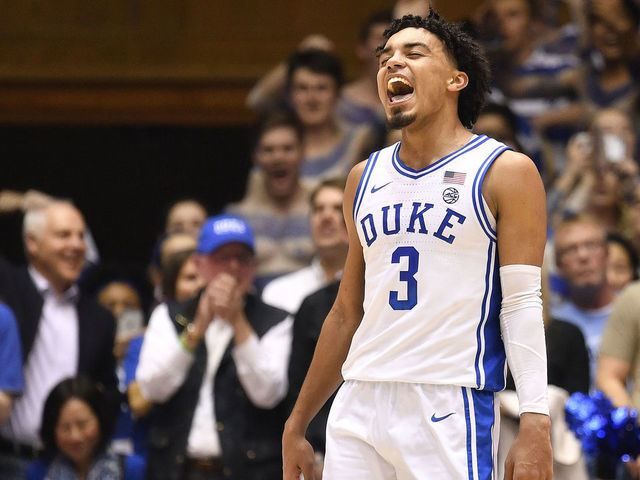 DURHAM, NORTH CAROLINA - MARCH 07: Tre Jones #3 of the Duke Blue Devils reacts during the second half of their game against the North Carolina Tar Heels at Cameron Indoor Stadium on March 07, 2020 in Durham, North Carolina. Duke won 89-76.