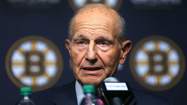 BOSTON, MA - MAY 16: Boston Bruins owner Jeremy Jacobs answers a reporter's question about sports betting during a press conference on the Bruins season at TD Garden in Boston on May 16, 2018.