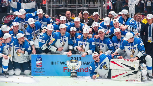 BRATISLAVA, SLOVAKIA - MAY 26, 2019: Gold medalists, Finland's players pose for a group photograph after the 2019 IIHF Ice Hockey World Championship Gold medal match between Canada and Finland at Ondrej Nepela Arena. The Finnish team won the game 3-1. Anton Novoderezhkin/TASS