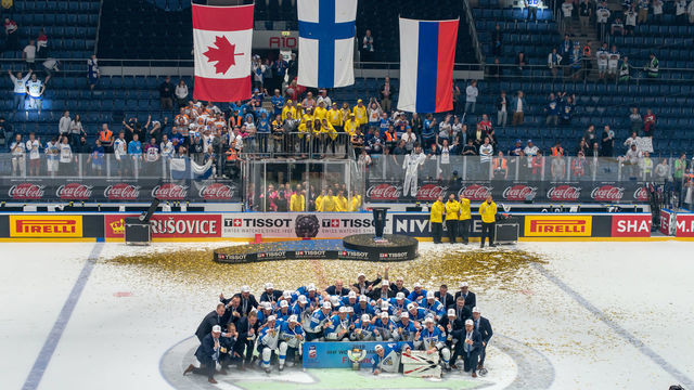 BRATISLAVA, SLOVAKIA - MAY 26: Team Finland celebrates with the trophy after the 2019 IIHF Ice Hockey World Championship Slovakia final game between Canada and Finland at Ondrej Nepela Arena on May 26, 2019 in Bratislava, Slovakia.