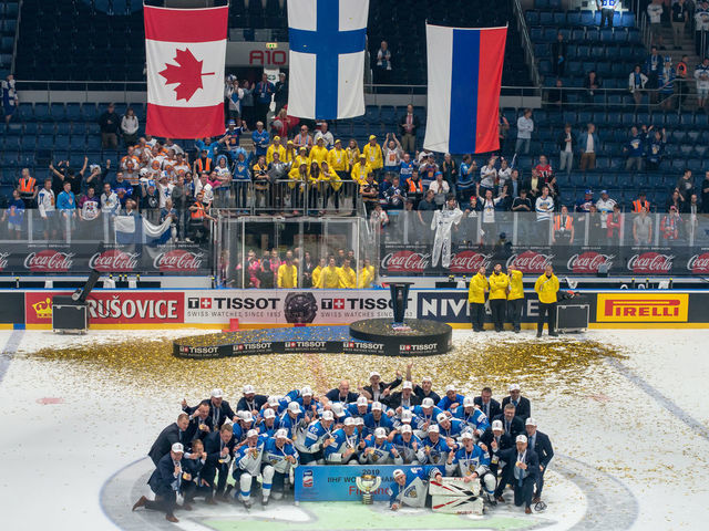 BRATISLAVA, SLOVAKIA - MAY 26: Team Finland celebrates with the trophy after the 2019 IIHF Ice Hockey World Championship Slovakia final game between Canada and Finland at Ondrej Nepela Arena on May 26, 2019 in Bratislava, Slovakia.