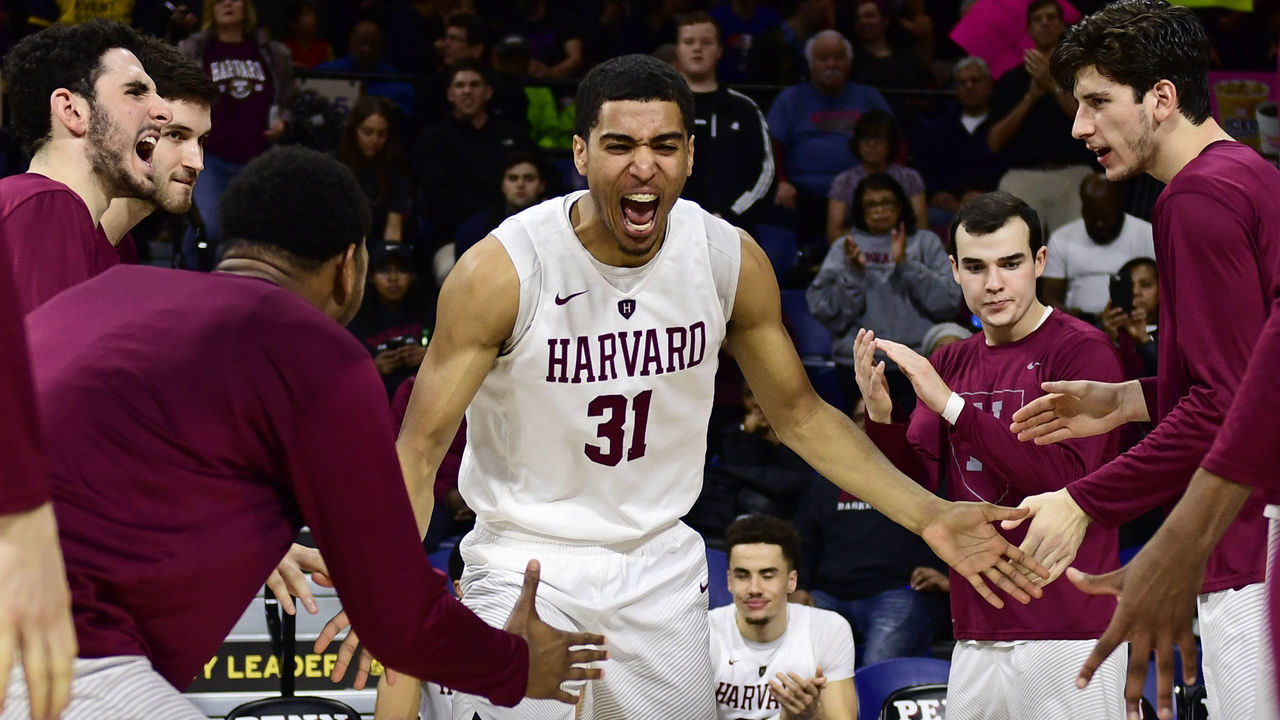 PHILADELPHIA, PA - FEBRUARY 24: Seth Towns #31 of the Harvard Crimson is introduced before the game against the Pennsylvania Quakers at The Palestra on February 24, 2018 in Philadelphia, Pennsylvania. Penn defeated Harvard 74-71.