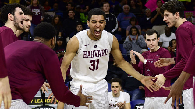PHILADELPHIA, PA - FEBRUARY 24: Seth Towns #31 of the Harvard Crimson is introduced before the game against the Pennsylvania Quakers at The Palestra on February 24, 2018 in Philadelphia, Pennsylvania. Penn defeated Harvard 74-71.
