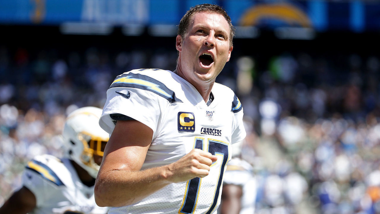 CARSON, CALIFORNIA - SEPTEMBER 08: Philip Rivers #17 of the Los Angeles Chargers celebrates after passing for a touchdown in the second quarter against the Indianapolis Colts at Dignity Health Sports Park on September 08, 2019 in Carson, California.