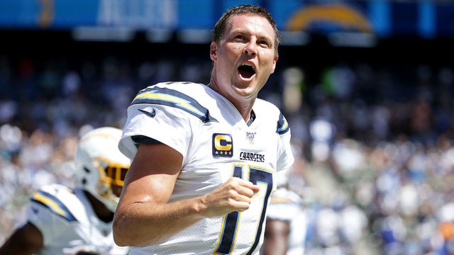 CARSON, CALIFORNIA - SEPTEMBER 08: Philip Rivers #17 of the Los Angeles Chargers celebrates after passing for a touchdown in the second quarter against the Indianapolis Colts at Dignity Health Sports Park on September 08, 2019 in Carson, California.