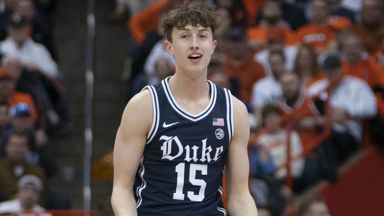 SYRACUSE, NY - FEBRUARY 01: Duke Blue Devils Guard Alex O'Connell (15) reacts to a foul call by the referee during the second half of the College Basketball game between the Duke Blue Devils and the Syracuse Orange on February 1, 2020, at the Carrier Dome in Syracuse, NY.