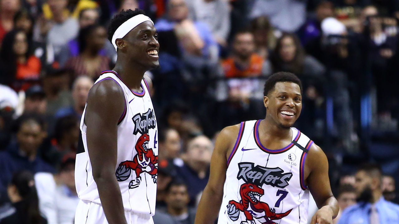 TORONTO, ON - JANUARY 28: Pascal Siakam #43 and Kyle Lowry #7 of the Toronto Raptors laugh during the second half of an NBA game against the Atlanta Hawks at Scotiabank Arena on January 28, 2020 in Toronto, Canada.