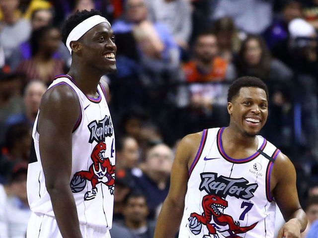 TORONTO, ON - JANUARY 28: Pascal Siakam #43 and Kyle Lowry #7 of the Toronto Raptors laugh during the second half of an NBA game against the Atlanta Hawks at Scotiabank Arena on January 28, 2020 in Toronto, Canada.
