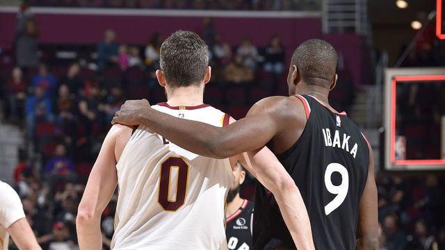 CLEVELAND, OH - JANUARY 30: Kevin Love #0 of the Cleveland Cavaliers and Serge Ibaka #9 of the Toronto Raptors hug after a game on January 30, 2020 at Rocket Mortgage FieldHouse in Cleveland, Ohio. NOTE TO USER: User expressly acknowledges and agrees that, by downloading and/or using this Photograph, user is consenting to the terms and conditions of the Getty Images License Agreement. Mandatory Copyright Notice: Copyright 2020 NBAE