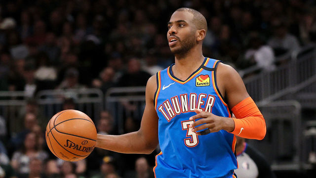 MILWAUKEE, WISCONSIN - FEBRUARY 28: Chris Paul #3 of the Oklahoma City Thunder dribbles the ball in the third quarter against the Milwaukee Bucks at the Fiserv Forum on February 28, 2020 in Milwaukee, Wisconsin.