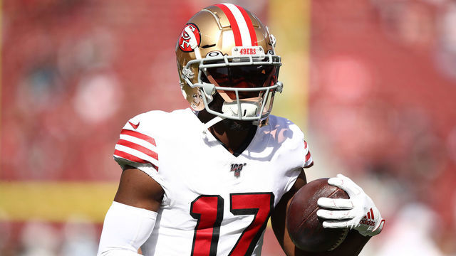 SANTA CLARA, CALIFORNIA - OCTOBER 27: Emmanuel Sanders #17 of the San Francisco 49ers warms up prior to the game against the Carolina Panthers at Levi's Stadium on October 27, 2019 in Santa Clara, California.