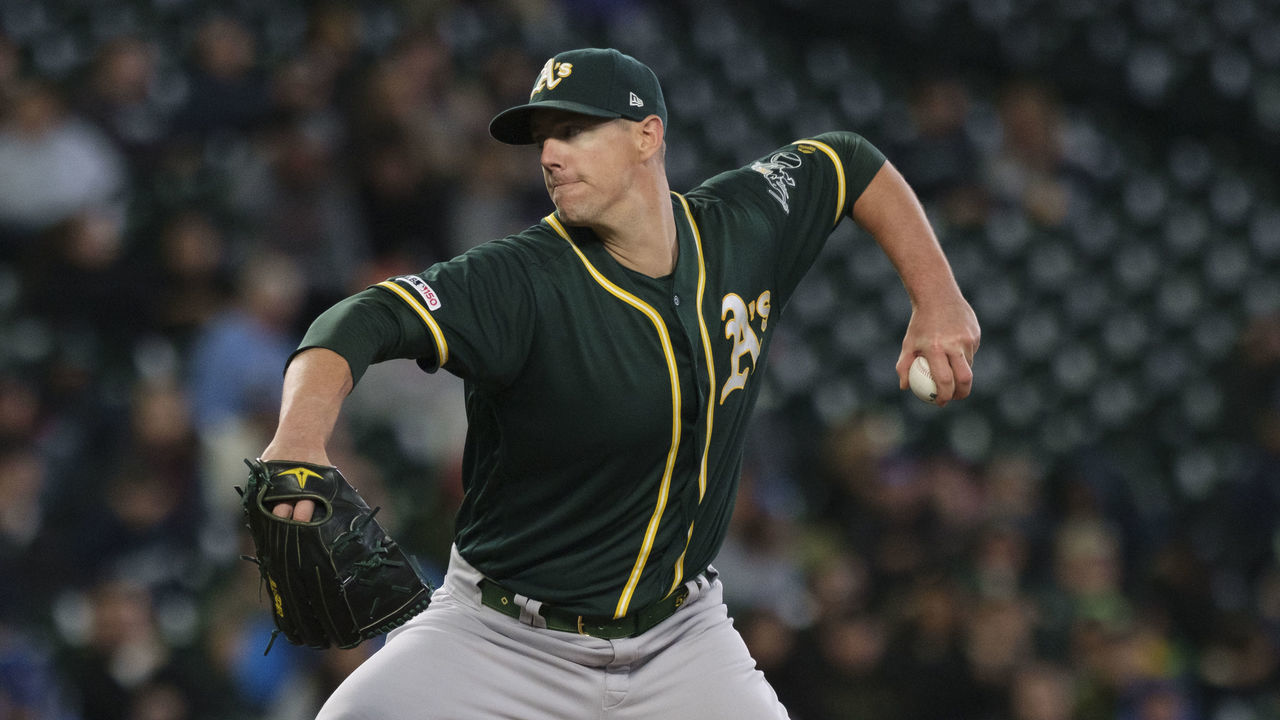 SEATTLE, WA - SEPTEMBER 29: Reliever Ryan Buchter #52 of the Oakland Athletics delivers pitch during a game against the Seattle Mariners at T-Mobile Park on September 29, 2019 in Seattle, Washington. The Mariners won 3-1.