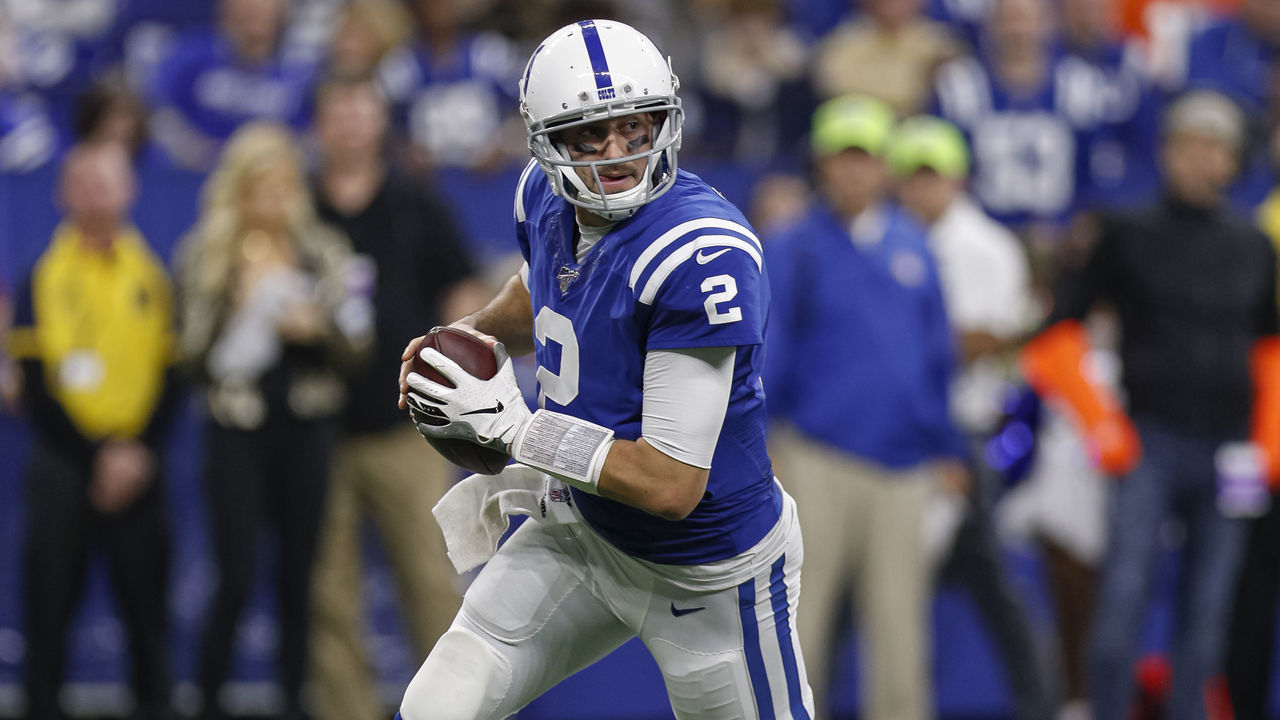 INDIANAPOLIS, IN - NOVEMBER 10: Brian Hoyer #2 of the Indianapolis Colts rolls out of the pocket to pass during the game against the Miami Dolphins at Lucas Oil Stadium on November 10, 2019 in Indianapolis, Indiana.