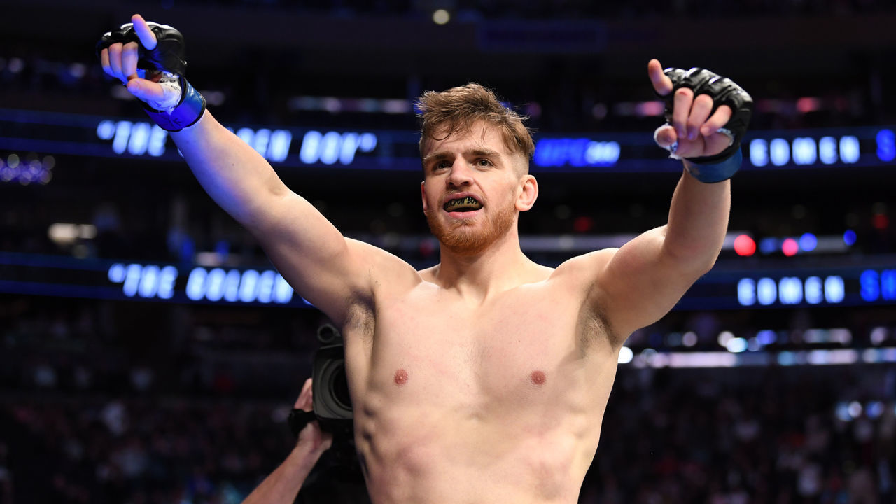 NEW YORK, NEW YORK - NOVEMBER 02: Edmen Shahbazyan celebrates his KO victory over Brad Tavares in their middleweight bout during the UFC 244 event at Madison Square Garden on November 02, 2019 in New York City.
