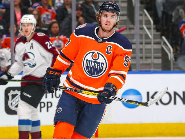EDMONTON, AB - NOVEMBER 11: Edmonton Oilers Center Connor McDavid (97) an Colorado Avalanche Center Nathan MacKinnon (29) in action during the Edmonton Oilers game versus the Colorado Avalanche on November 11, 2018 at Rogers Place in Edmonton, AB.