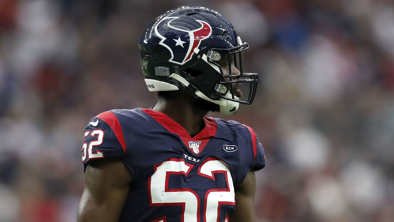 HOUSTON, TX - DECEMBER 29: Barkevious Mingo #52 of the Houston Texans reacts after a sack in the first half against the Tennessee Titans at NRG Stadium on December 29, 2019 in Houston, Texas.