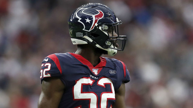 HOUSTON, TX - DECEMBER 29: Barkevious Mingo #52 of the Houston Texans reacts after a sack in the first half against the Tennessee Titans at NRG Stadium on December 29, 2019 in Houston, Texas.