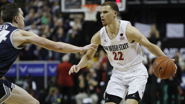 LAS VEGAS, NEVADA - MARCH 07: Malachi Flynn #22 of the San Diego State Aztecs advances the ball against the Utah State Aggies during the championship game of the Mountain West Conference basketball tournament at the Thomas & Mack Center on March 7, 2020 in Las Vegas, Nevada.