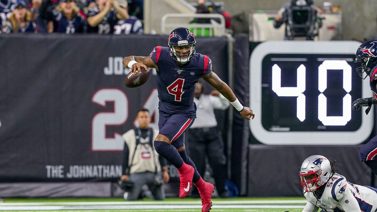 HOUSTON, TX - DECEMBER 01: Houston Texans quarterback Deshaun Watson (4) scrambles during the game between the New England Patriots and Houston Texans on December 1, 2019 at NRG Stadium in Houston, TX.