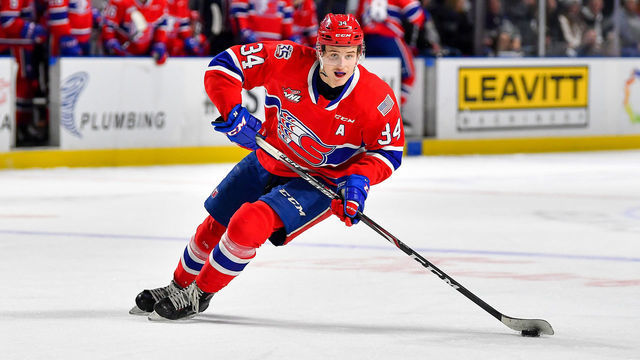 KENT, WASHINGTON - DECEMBER 27: Adam Beckman #34 of the Spokane Chiefs moves the puck up the ice during during the first period of the match against the Seattle Thunderbirds at accesso ShoWare Center on December 27, 2019 in Kent, Washington.