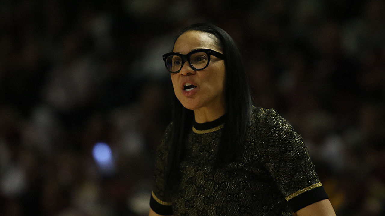 GREENVILLE, SC - MARCH 08: Dawn Staley head coach of South Carolina during the SEC Championship Women's college basketball game between the Mississippi State Bulldogs and the South Carolina Gamecocks on March 8, 2020, at Bon Secours Wellness Arena in Greenville, S.C.
