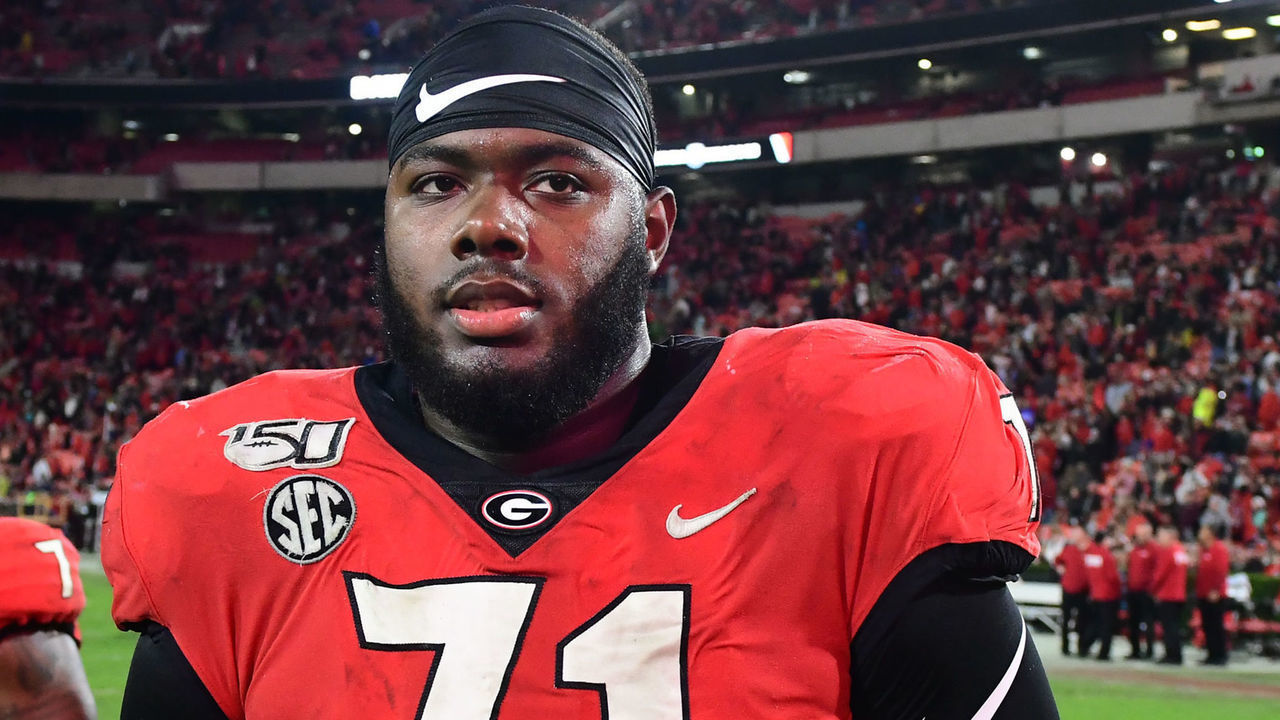 ATHENS, GA - NOVEMBER 23: Georgia Bulldogs Offensive Linemen Andrew Thomas (71) walks off the field after the game between the Texas A&M Aggies and the Georgia Bulldogs on November 23, 2019, at Sanford Stadium in Athens, GA.
