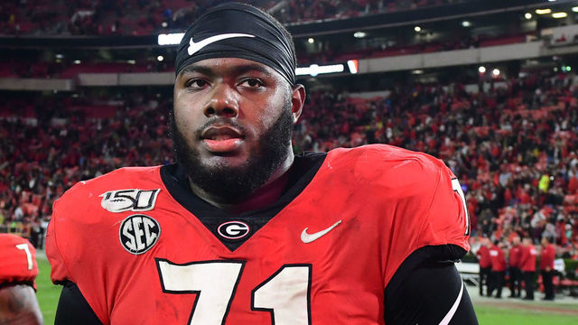 ATHENS, GA - NOVEMBER 23: Georgia Bulldogs Offensive Linemen Andrew Thomas (71) walks off the field after the game between the Texas A&M Aggies and the Georgia Bulldogs on November 23, 2019, at Sanford Stadium in Athens, GA.