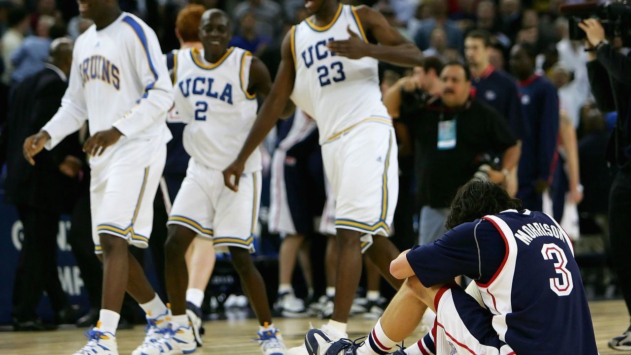 OAKLAND, CA - MARCH 23: Adam Morrison #3 of the Gonzaga Bulldogs hangs his head after losing to the UCLA Bruins during the third round game of the NCAA Division I Men's Basketball Tournament at the Arena in Oakland on March 23, 2006 in Oakland, California. The Bruins defeated the Bulldogs 73-71.