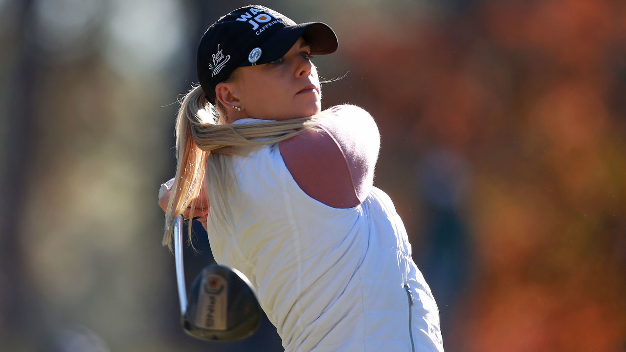 PINEHURST, NORTH CAROLINA - NOVEMBER 01: Sarah Burnham watches her tee shot on the first hole during round 7 of the LPGA Q-Series presented by Blue Cross and Blue Shield North Carolina at Pinehurst No. 9 on November 01, 2019 in Pinehurst, North Carolina.