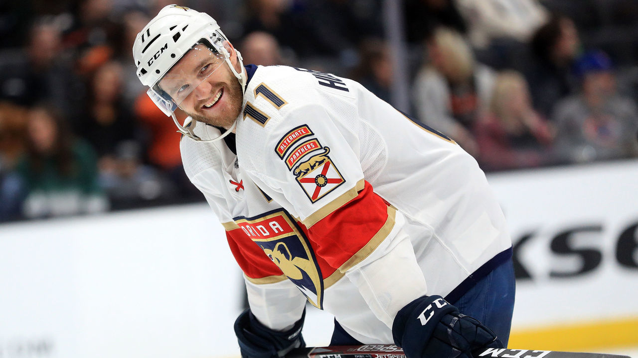 ANAHEIM, CALIFORNIA - FEBRUARY 19: Jonathan Huberdeau #11 of the Florida Panthers looks on during the third period of a game against the Anaheim Ducks at Honda Center on February 19, 2020 in Anaheim, California.