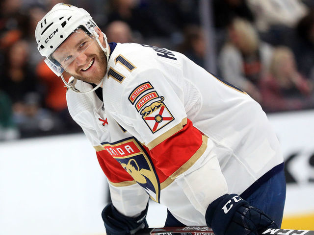 ANAHEIM, CALIFORNIA - FEBRUARY 19: Jonathan Huberdeau #11 of the Florida Panthers looks on during the third period of a game against the Anaheim Ducks at Honda Center on February 19, 2020 in Anaheim, California.