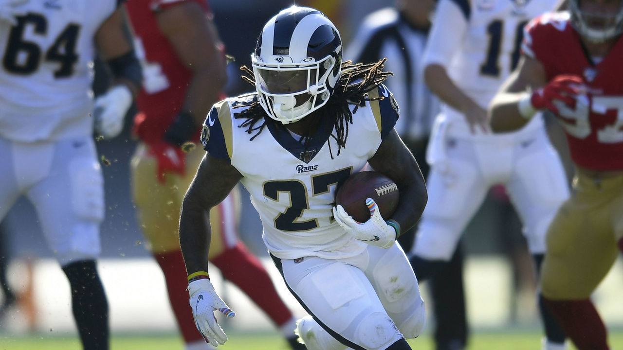 LOS ANGELES, CA - OCTOBER 13: Darrell Henderson #27 of the Los Angeles Rams runs the ball against the San Francisco 49ers at Los Angeles Memorial Coliseum on October 13, 2019 in Los Angeles, California. San Francisco won 20-7.