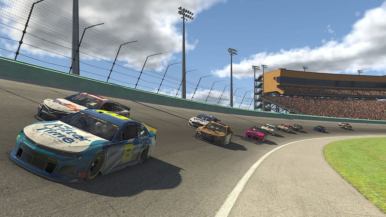 HOMESTEAD, FLORIDA - MARCH 22: (EDITORIAL USE ONLY) (Editors note: This image was computer generated in-game) Denny Hamlin, driver of the #11 FedEx Toyota, races Dale Earnhardt Jr., driver of the #8 FilterTime Chevrolet, during the eNASCAR iRacing Pro Invitational Series Dixie Vodka 150 at virtual Homestead-Miami Speedway on March 22, 2020 in Homestead, Florida.