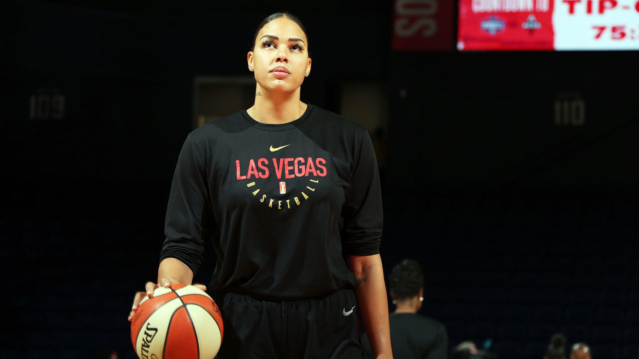 WASHINGTON, DC - SEPTEMBER 19: Liz Cambage #8 of the Las Vegas Aces warms up before the game against the Washington Mystics during Game Two of the WNBA Semi Finals on September 19, 2019 at the St. Elizabeths East Entertainment and Sports Arena in Washington, DC. Mandatory Copyright Notice: Copyright 2019 NBAE