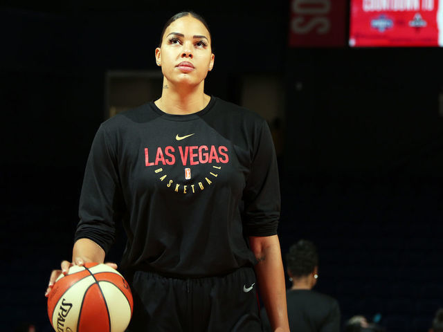 WASHINGTON, DC - SEPTEMBER 19: Liz Cambage #8 of the Las Vegas Aces warms up before the game against the Washington Mystics during Game Two of the WNBA Semi Finals on September 19, 2019 at the St. Elizabeths East Entertainment and Sports Arena in Washington, DC. Mandatory Copyright Notice: Copyright 2019 NBAE