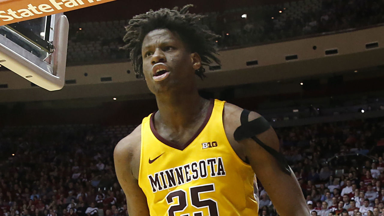 BLOOMINGTON, INDIANA - MARCH 04: Daniel Oturu #25 of the Minnesota Golden Gophers celebrates after a dunk in the game against the Indiana Hoosiers during the second half at Assembly Hall on March 04, 2020 in Bloomington, Indiana.