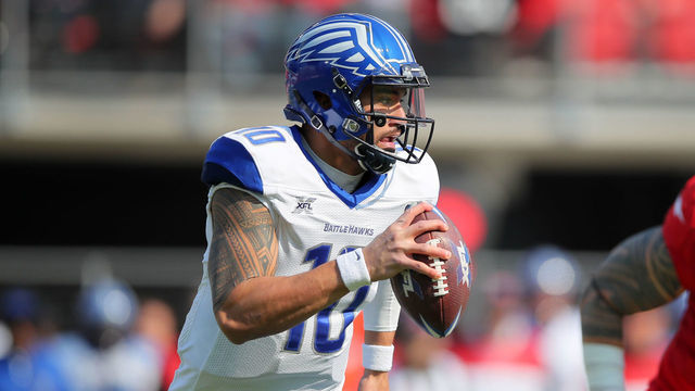 WASHINGTON, DC - MARCH 8: Jordan Ta'amu #10 of the St. Louis BattleHawks scrambles during the XFL game against the DC Defenders at Audi Field on March 8, 2020 in Washington, DC.