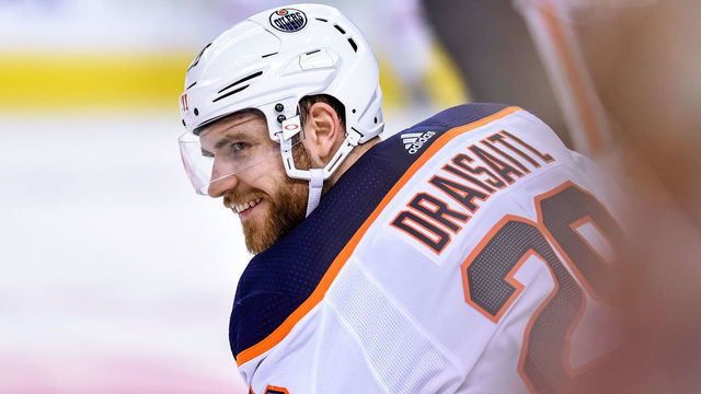 CALGARY, AB - JANUARY 11: Edmonton Oilers Center Leon Draisaitl (29) smiles during warm ups before an NHL game where the Calgary Flames hosted the Edmonton Oilers on January 11, 2020, at the Scotiabank Saddledome in Calgary, AB.